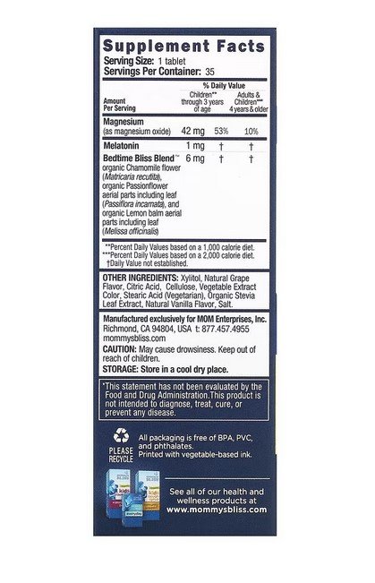 MOMMY'S BLISS -  Kids Sleep Chewable, Melatonin + Magnesium - 35 Chewable Tablets